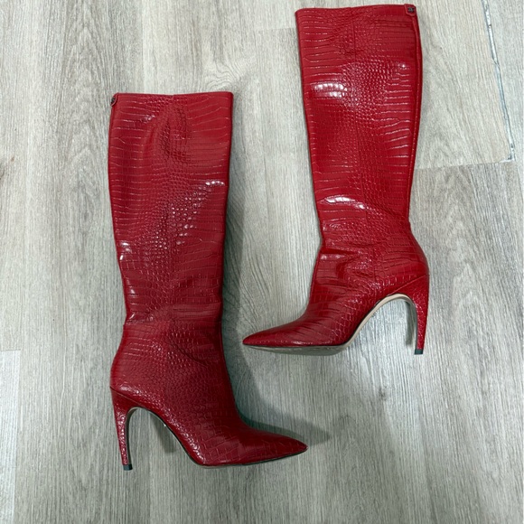 Sam Edelman Red Croc Embossed Knee High Boots 8.5 4 Inch Heel Statement Stiletto - Picture 2 of 5